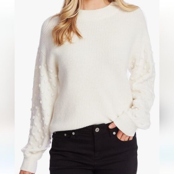 Cece Ivory Knit Pullover Crewneck Sweater Minky Dot Long Bubble Sleeve Holiday L - Picture 3 of 9